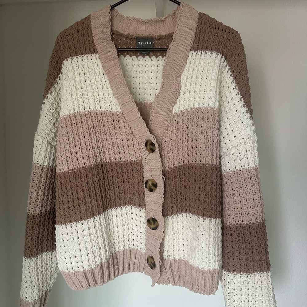 ARULA Women's Striped Cardigan - Brown, Cream, Pink